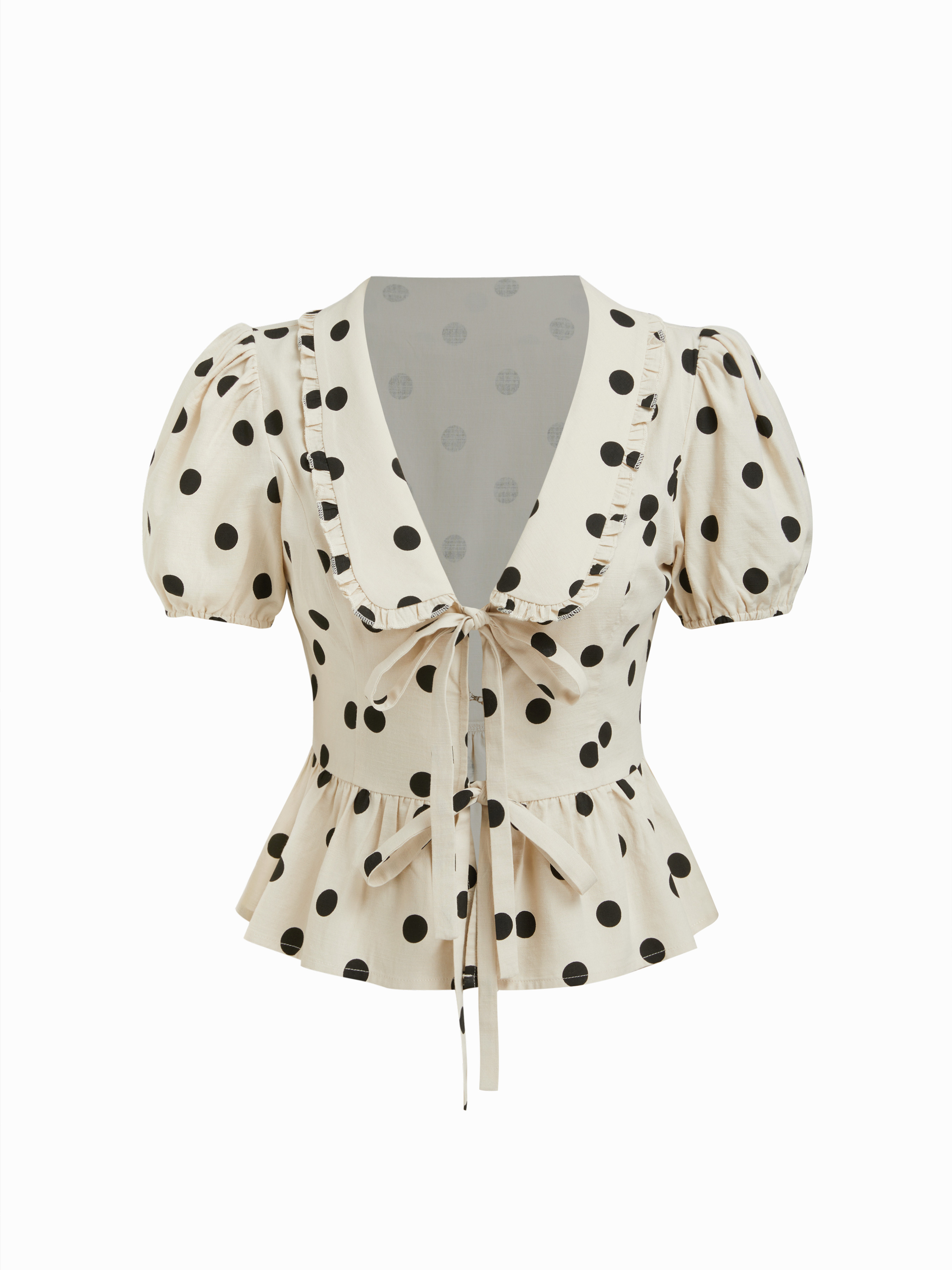 Woven Cotton-blend Peter Pan Collar Polka Dot Tie Front Bow Ruffle Hem Blouse For Daily Casual | Cider