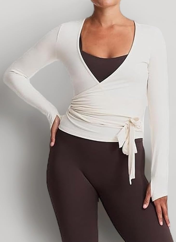 Y2k Ballet Pilates Wrap Top for Women Long Sleeve Deep V Neck Tie Front Workout Yoga T Shirt Blou... | Amazon (UK)