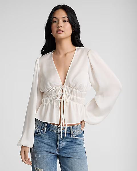 V-neck Long Sleeve Smocked Tie Front Top | Express