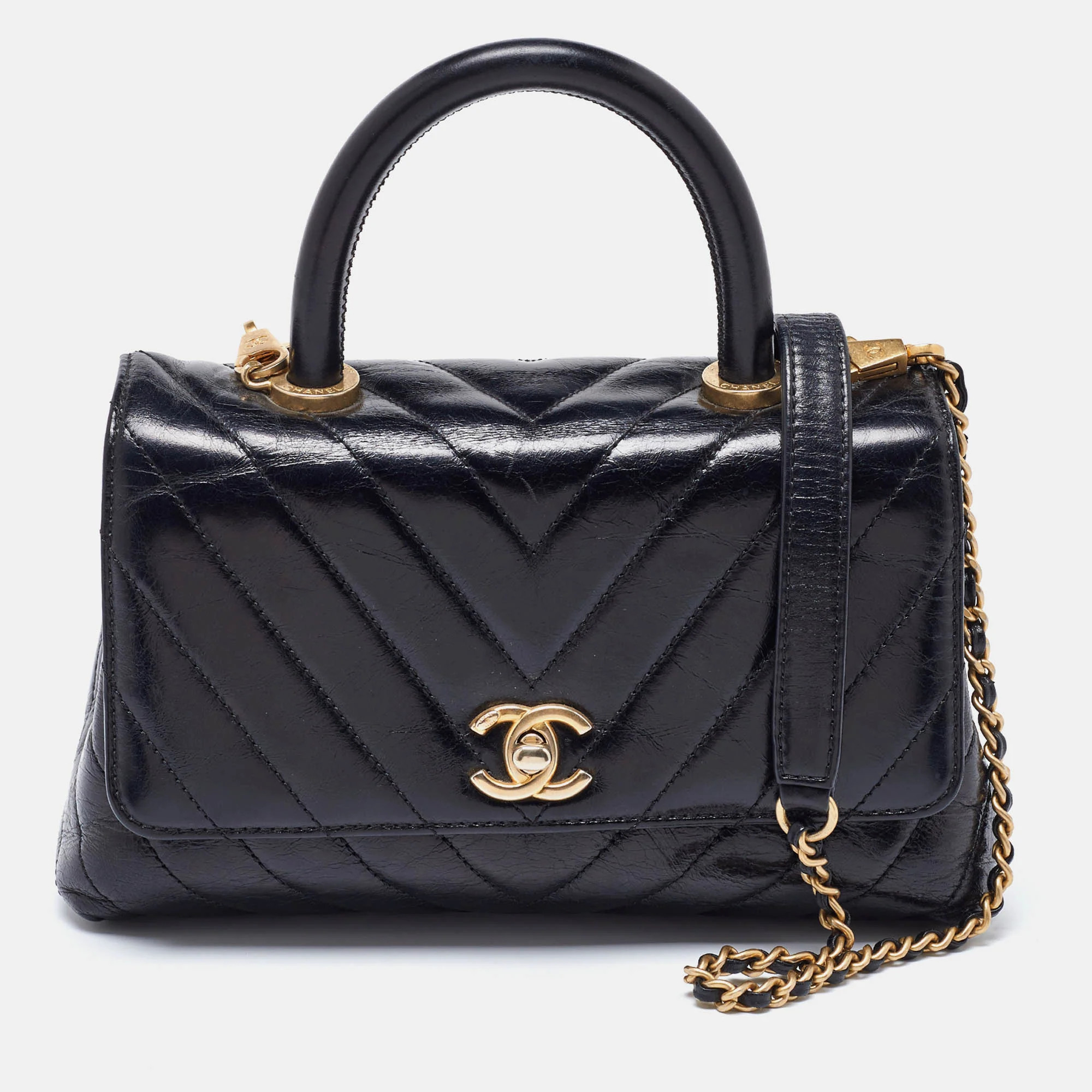 Chanel Black Chevron Glazed Leather Mini Coco Top Handle Bag | Shop Simon
