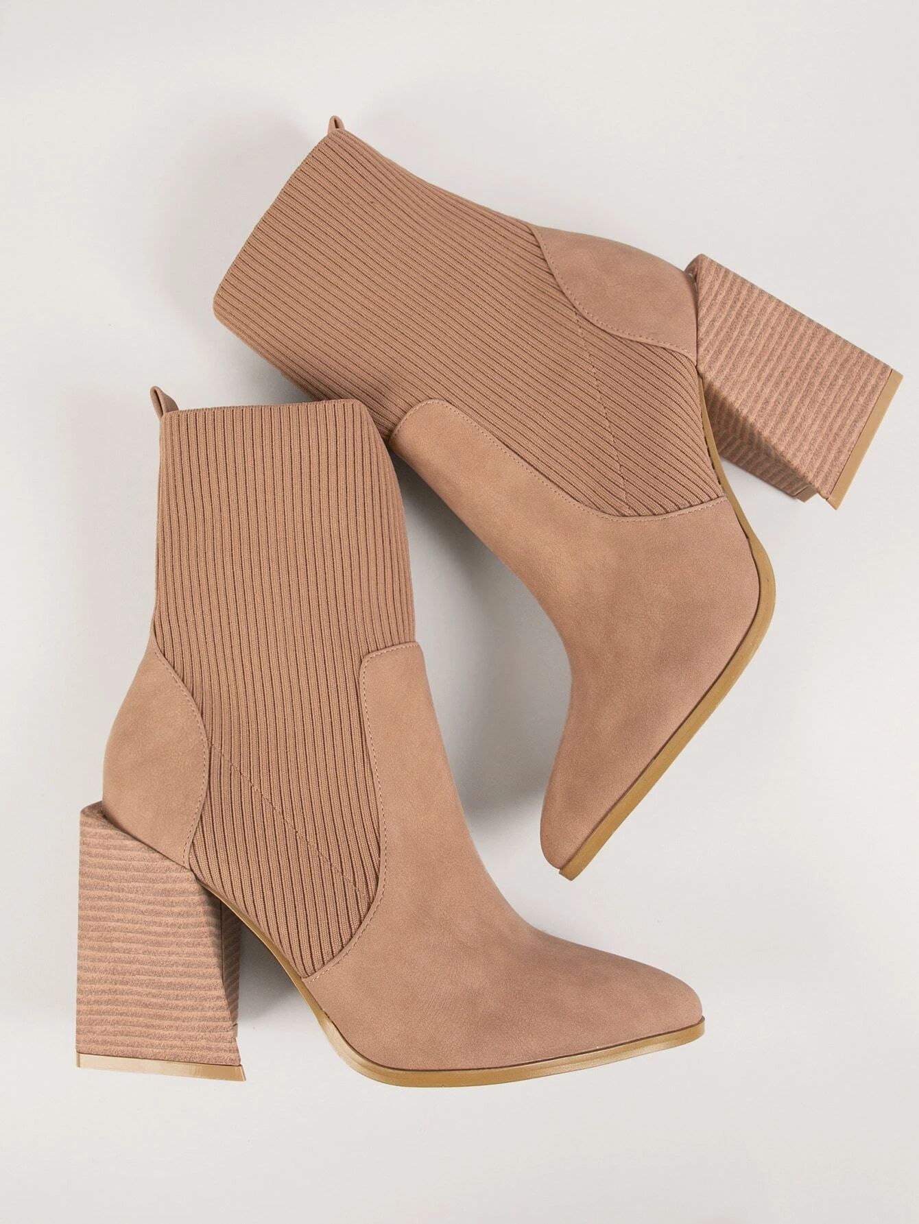 Pointed Toe Ribbed Knit Stacked Sculpture Heel Sock Boots | SHEIN