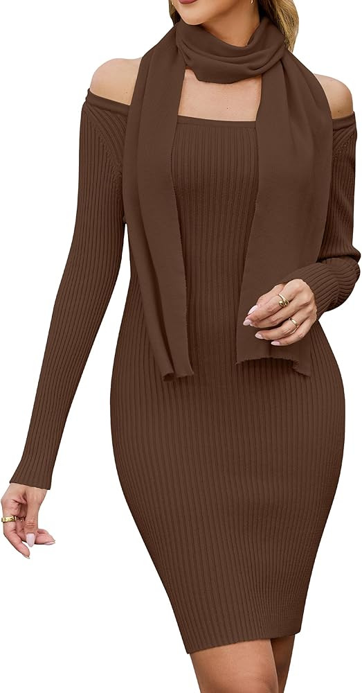 Blooming Jelly Womens Off Shoulder Sweater Dress Scarf Long Sleeve Mini Bodycon Dresses Fall Tren... | Amazon (US)