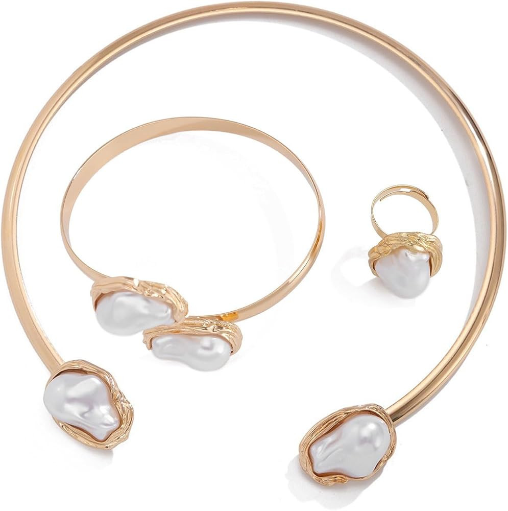 3 Pcs Metal Big Pearl Open Choker Necklace Bracelet Rings for Women Adjustable Gold Baroque Pearl... | Amazon (US)