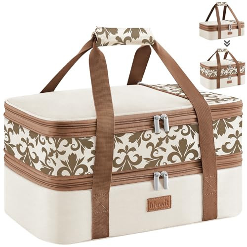 Lifewit Expandable Insulated Casserole Carrier for Hot or Cold Food, Double Decker Food Bag Lasagna Holder Carry Tote for Potluck Parties/Picnic/Cookouts, Fits 9"x13" Baking Dish, Cream-Flowers | Amazon (US)