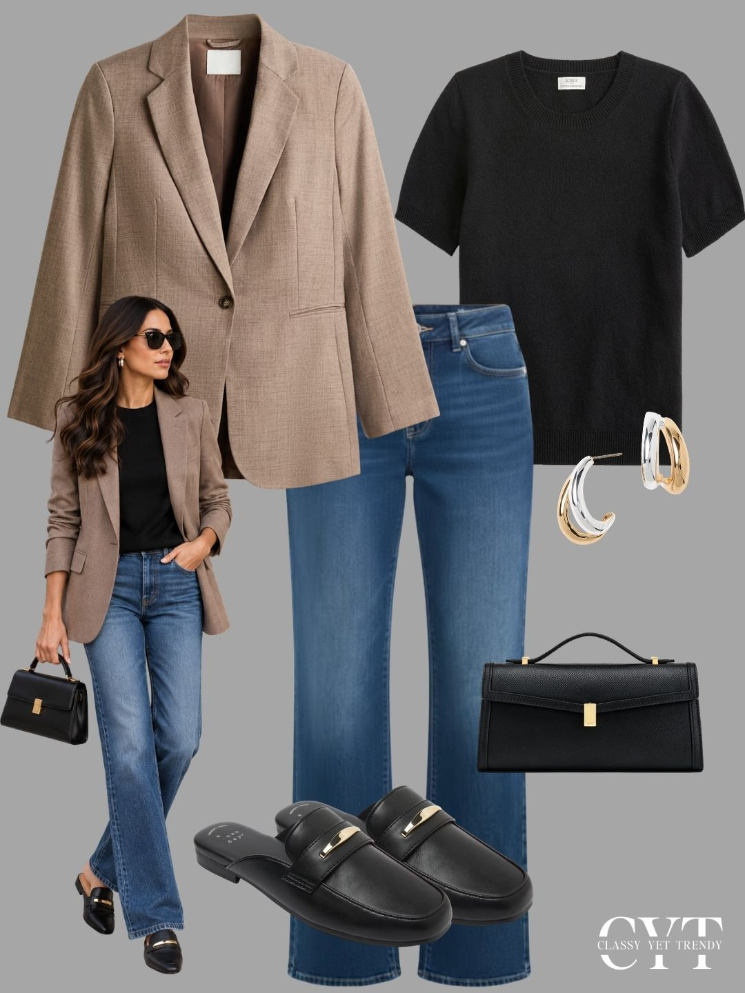 
6 outfits with a blazer and jeans ✔️ Which outfit is your favorite? black blazer, houndstooth, plaid, charcoal gray, navy, stripes, tee, sweater, black wash, medium wash, jeans, straight leg, wide leg, trouser, sneakers, mary jane, loafers, ballet flats #black #autumnstyle #outfitinspiration #blazerstyle #loafermules 

 