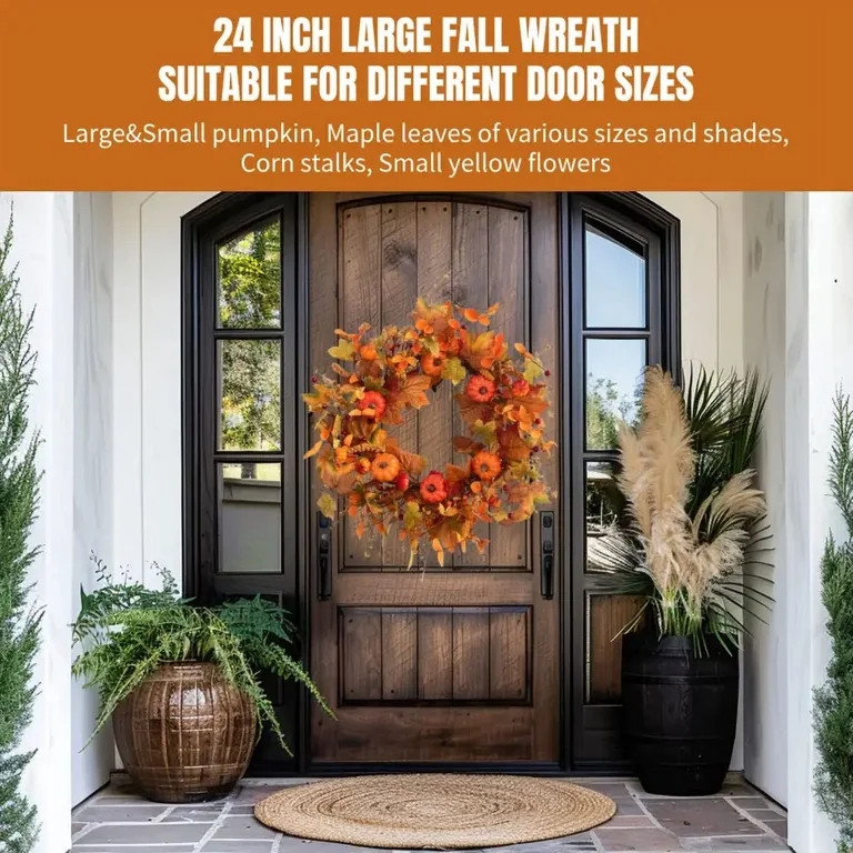 24 inch Fall Wreath Pumpkin Wreath for Front Door with Maple Leaves Harvest Wreath for Door Windo... | Walmart (US)