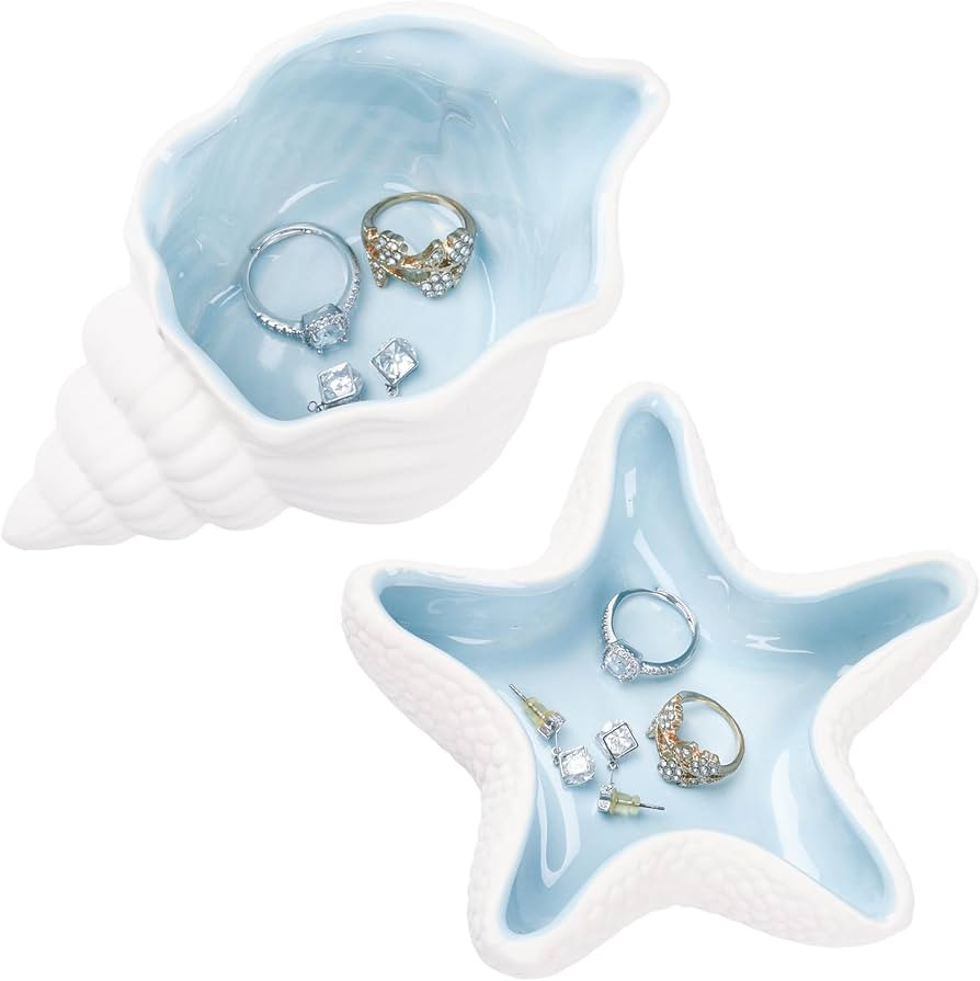 Ocean Ceramic Jewelry Tray, Starfish Conch Seashells Mermaid Decorative Trinket Dish Holder for R... | Amazon (US)