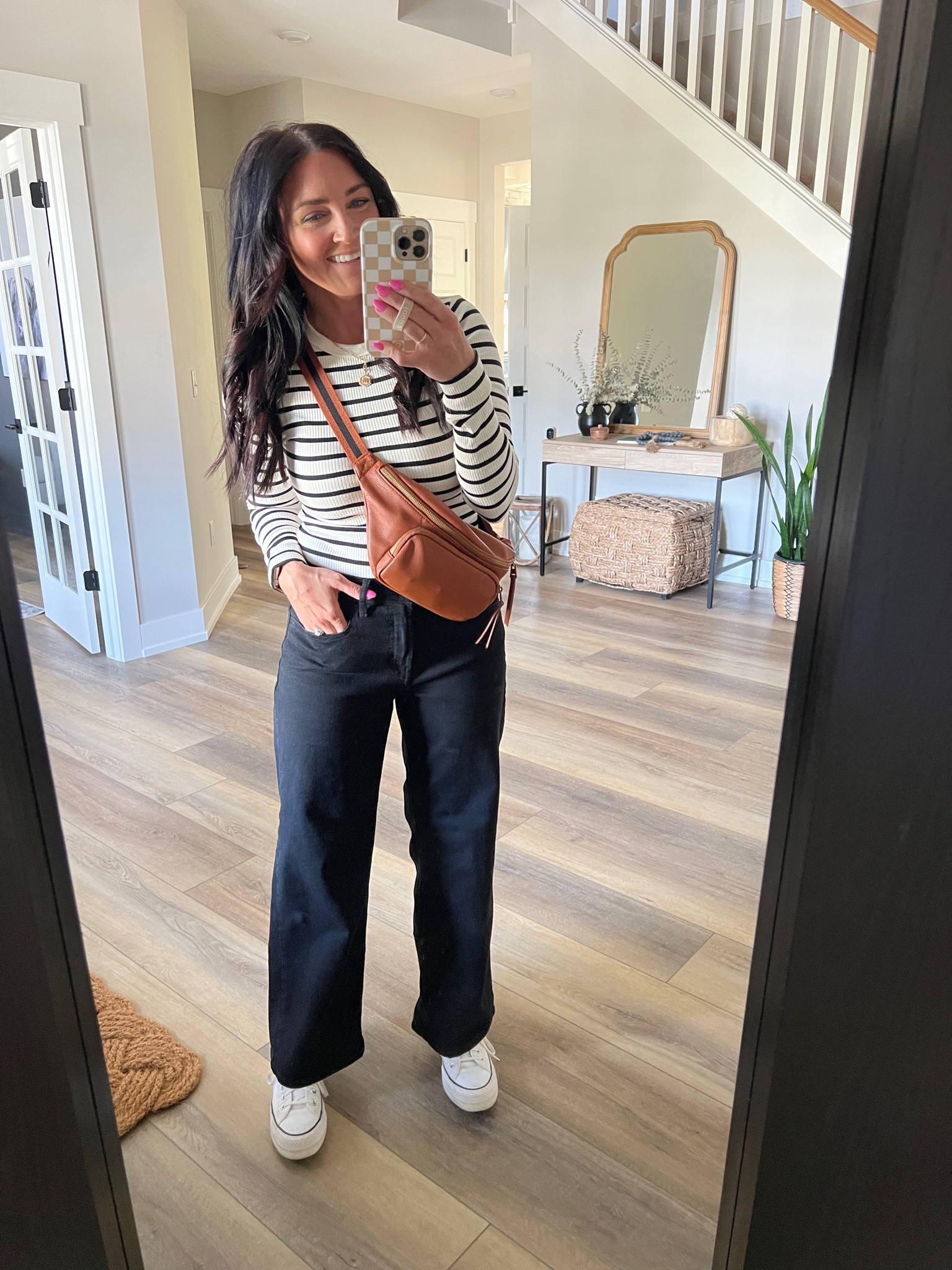 Spring transition outfit! Love these wide leg jeans that come in petite lengths.
