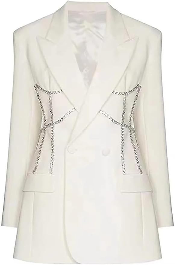 Fashion Women's Notch Collar Diamond Loose Double Breasted Long Sleeve Solid Color Suit Jacket | Amazon (CA)