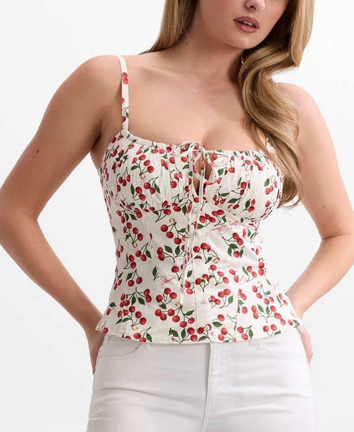 Guess Women's Marilyn Sweetheart Neck Bustier Top - Marilyn Red Cherries White | Macy's