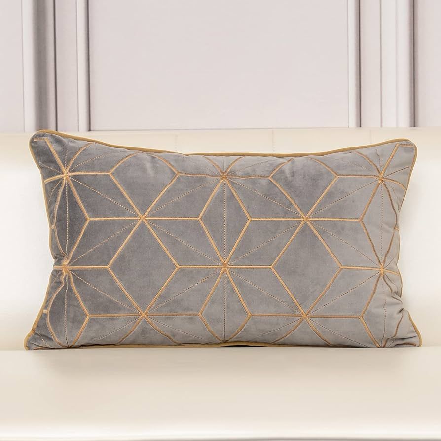 Aeckself 12 x 20 Inch Grey Gold Plaid Geometric Lines Embroidery Velvet Cushion Case Luxury Moder... | Amazon (US)