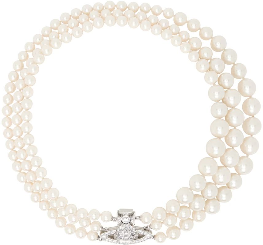 White Graziella Three Row Pearl Necklace | SSENSE