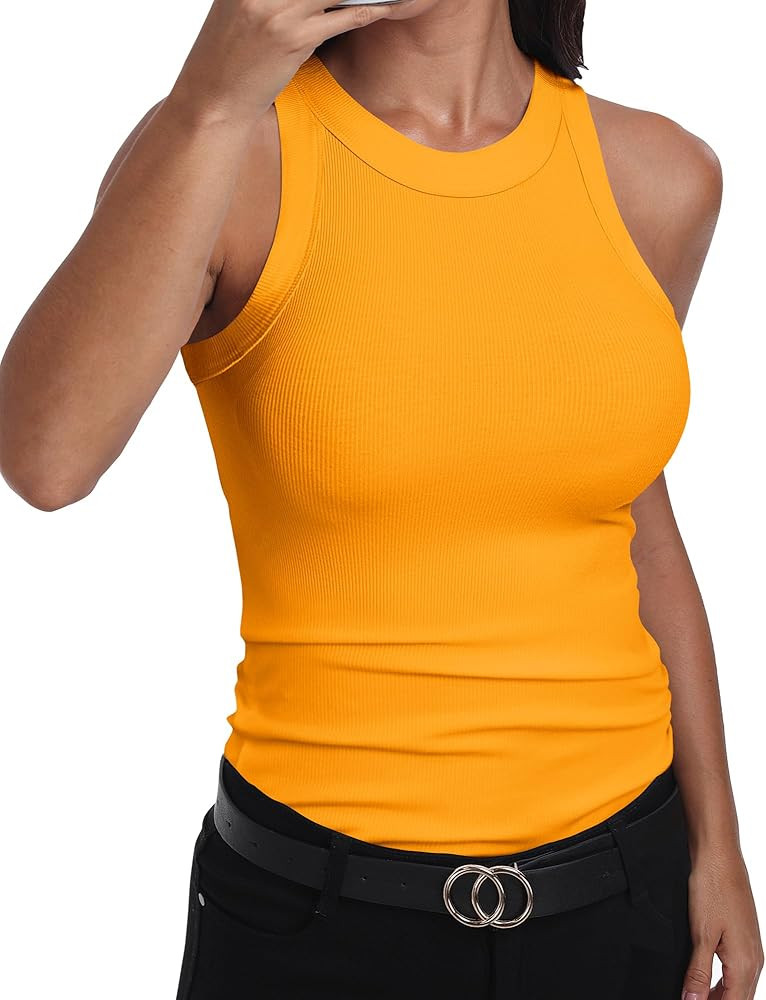 GEMBERA Womens Sleeveless Racerback High Neck Basic Ribbed Knit Fitted Tank Top Hot Pink M at Ama... | Amazon (US)