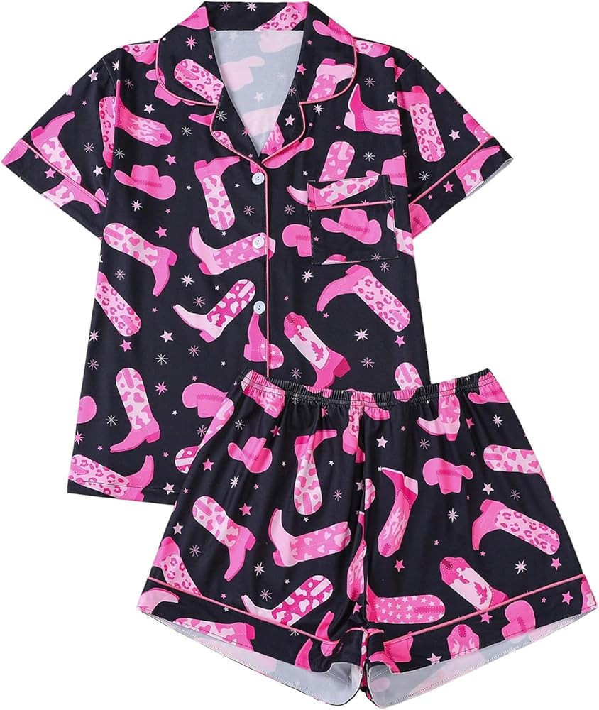 WDIRARA Women's 2 Piece Boots Graphic Pajama Set Pocket Patched Button Down Shirt with Shorts Sat... | Amazon (US)