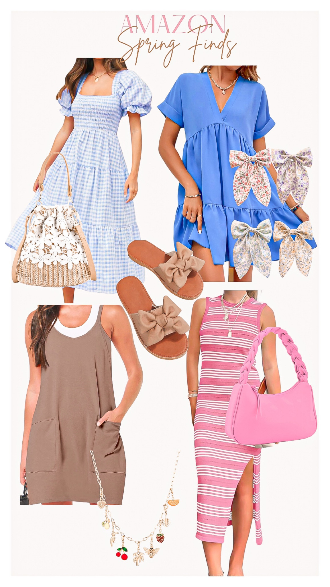 Amazon • Spring Finds 💜

Gingham dress, blue and white dress, blue dress, spring fashion, vacation outfits, hair bows, rattan bag, summer purse, floral purse, brown sandals, pink dress, pink purse, brown dress, charm necklace 

#LTKstyletip #LTKSpringSale #LTKfindsunder50