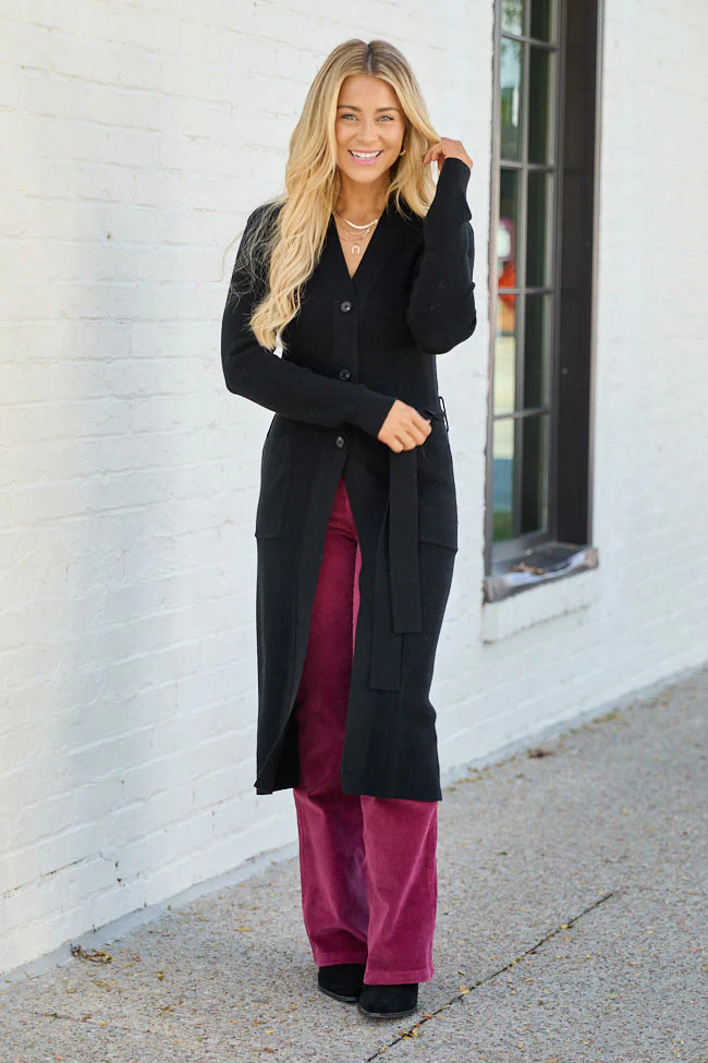 Norah Black Button Down with Tie Long Cardigan DOORBUSTER | Pink Lily