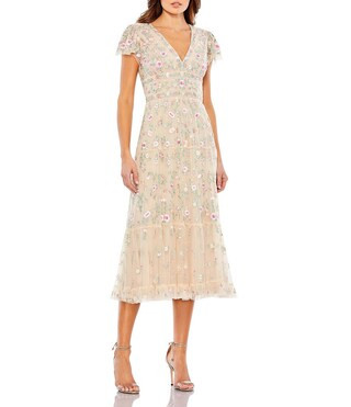 Short Flutter Sleeve Plunge V-Neck Floral Print A-Line Dress | Dillard's