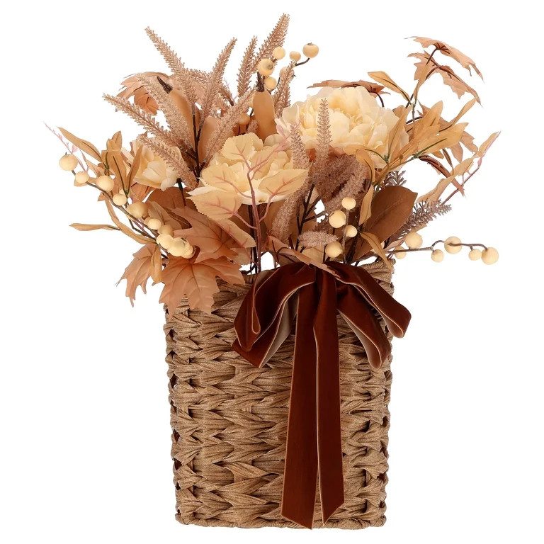 Artificial Floral Arrangement in Woven Basket Hanging Decoration, Cream and Brown, 24", Fall by W... | Walmart (US)
