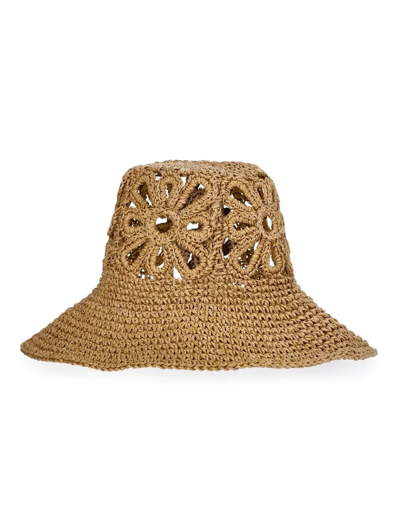 No Boundaries Floral Straw Bucket Hat, Women's, Natural | Walmart (US)