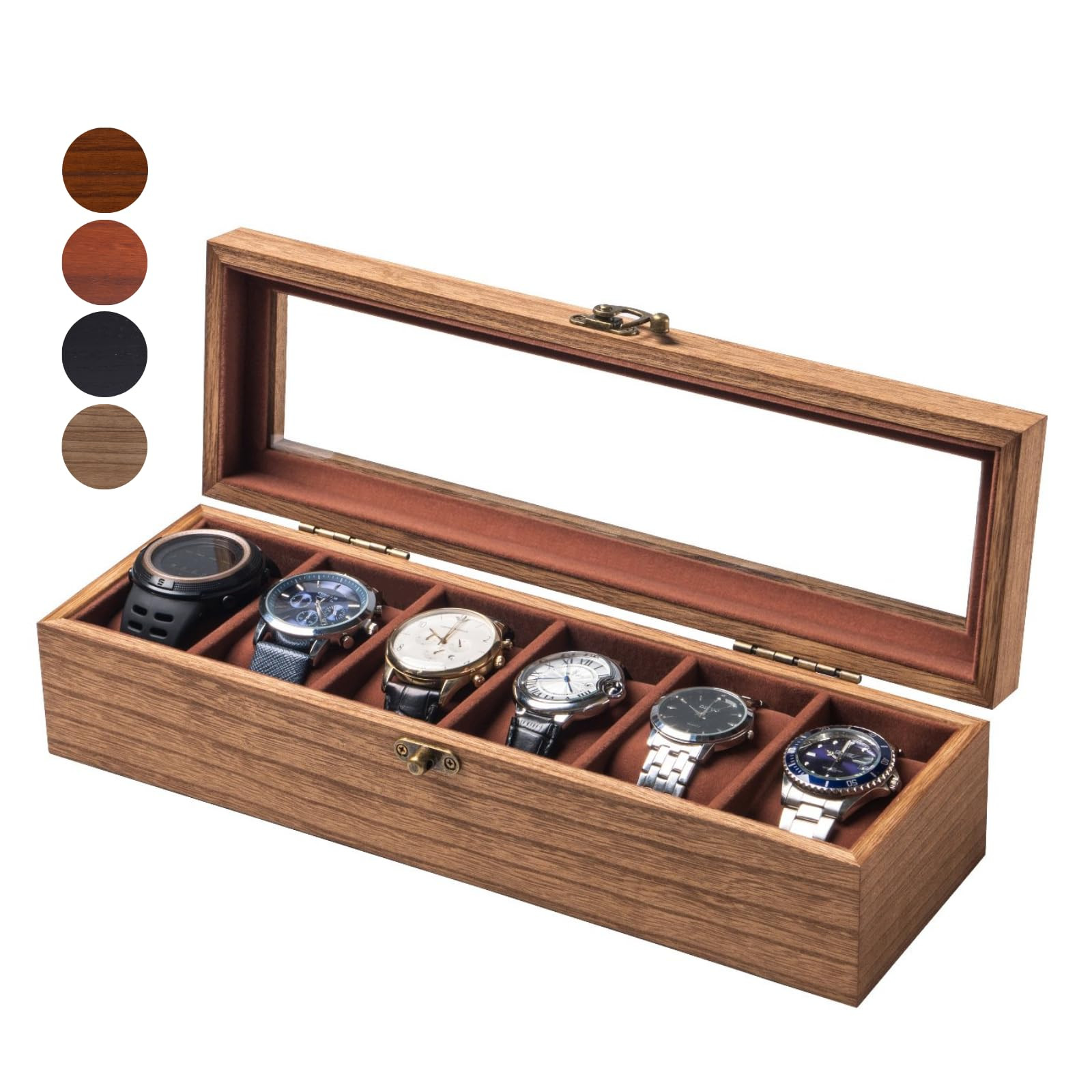 Watch Box for Men and Women - Large Glass Lid, Wooden Display Storage Case With 6 Slots, Retro Bu... | Amazon (US)