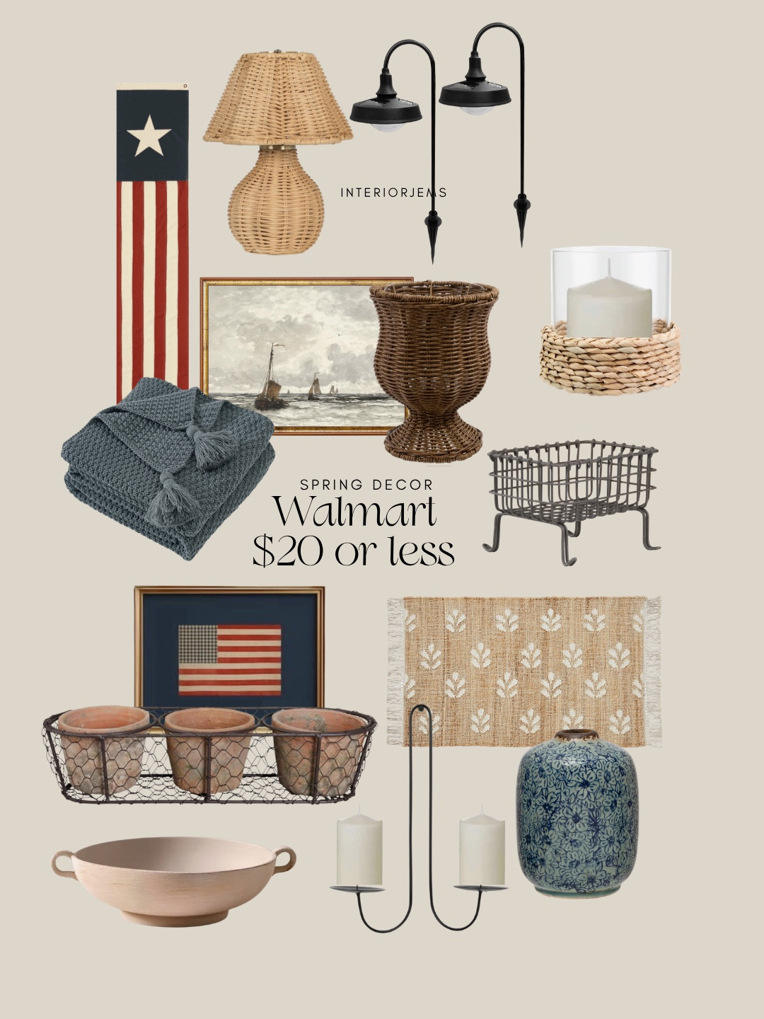 Home decor, spring decor, $20 or less from Walmart, floral vase, small wicker, planter, patriotic decor, Fourth of July decor, table, lamp, art prints, solar, pathway, light planters, flag

#LTKActive
