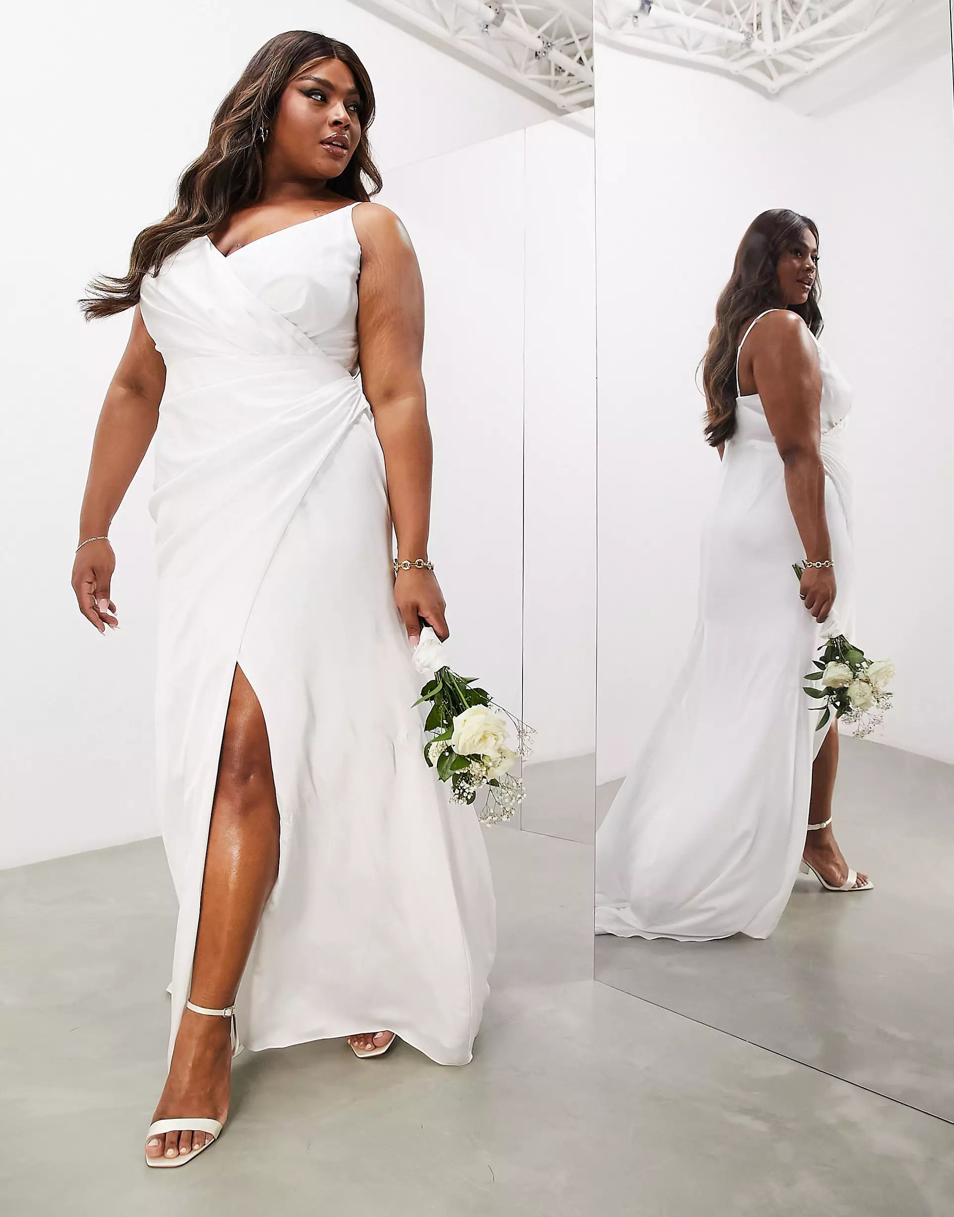 ASOS DESIGN Curve Constance satin wrap front cami wedding dress with low back in | ASOS (Global)