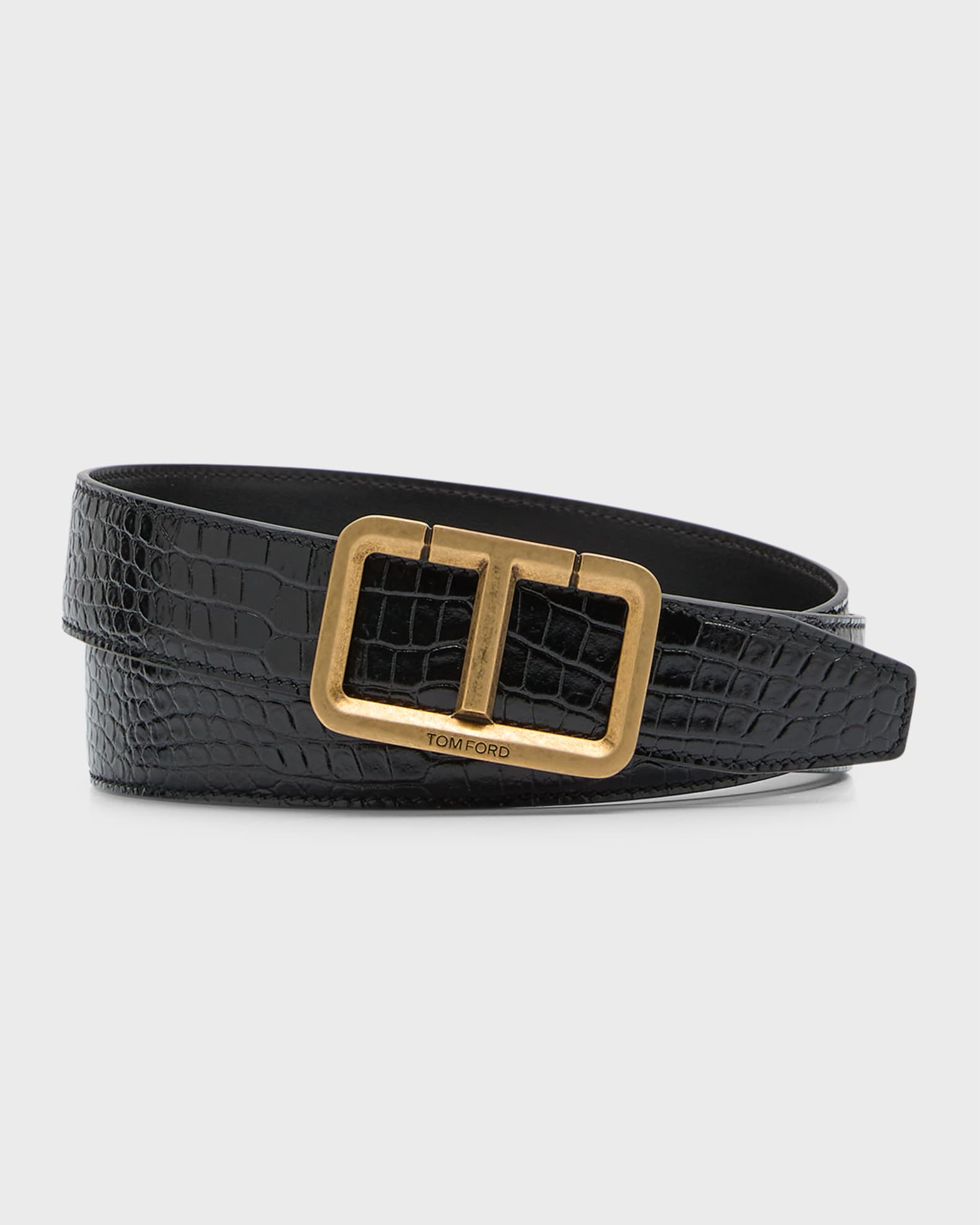 Men's Alligator-Print Leather T-Buckle Belt | Neiman Marcus
