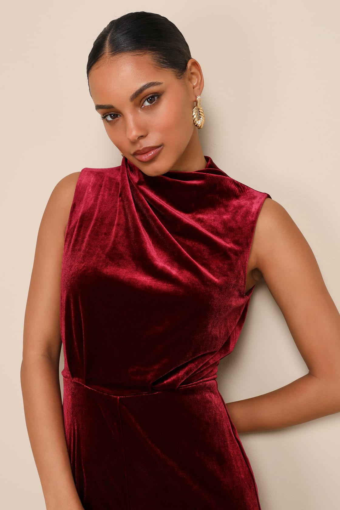 Essential Confidence Wine Red Velvet Mock Neck Jumpsuit | Lulus