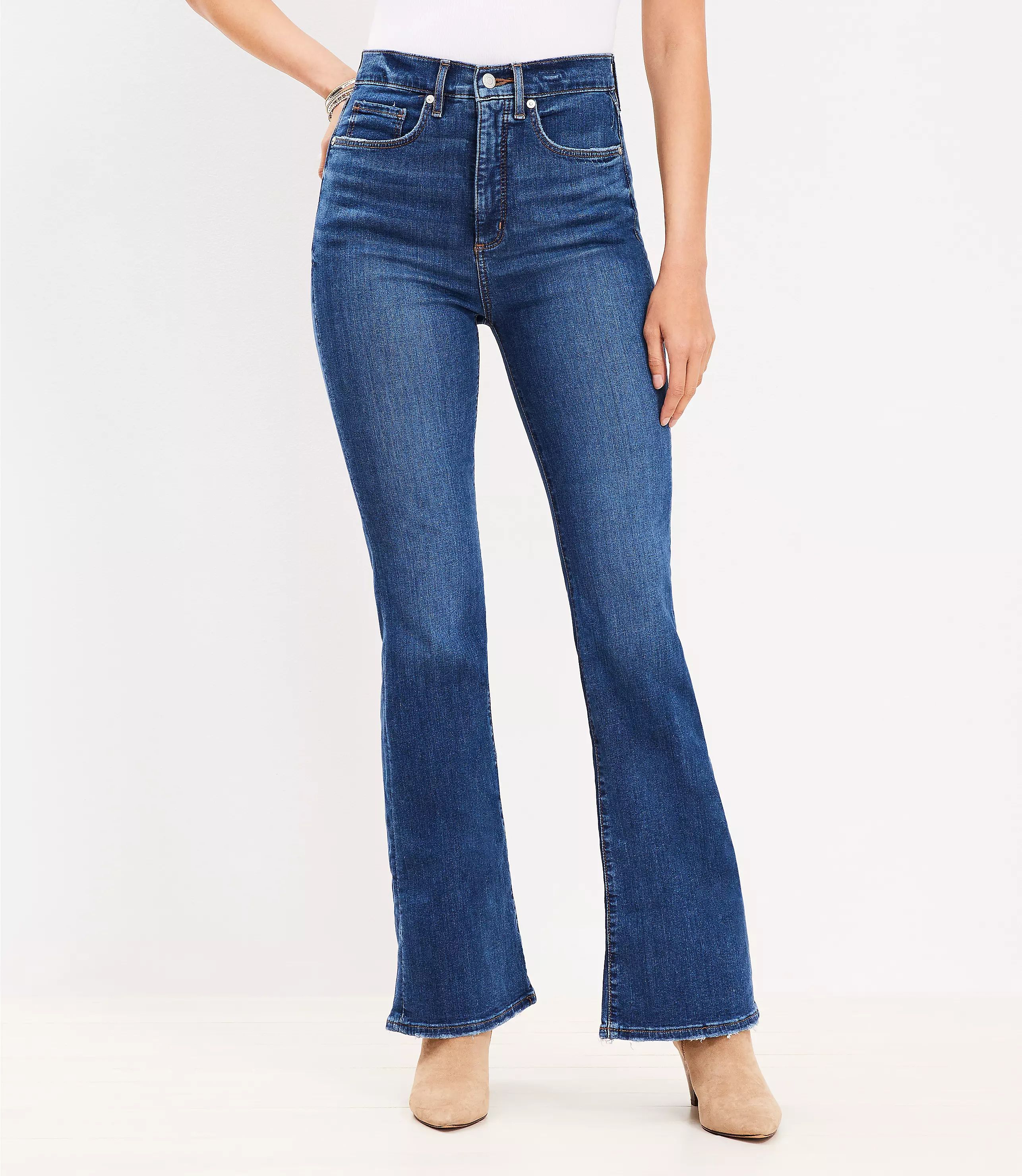 High Rise Slim Flare Jeans in Classic Mid Indigo Wash | LOFT