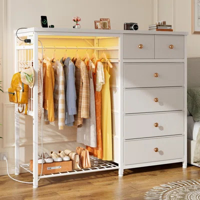 6-Drawer Dresser with Clothes Rack and Charging Station | Wayfair North America