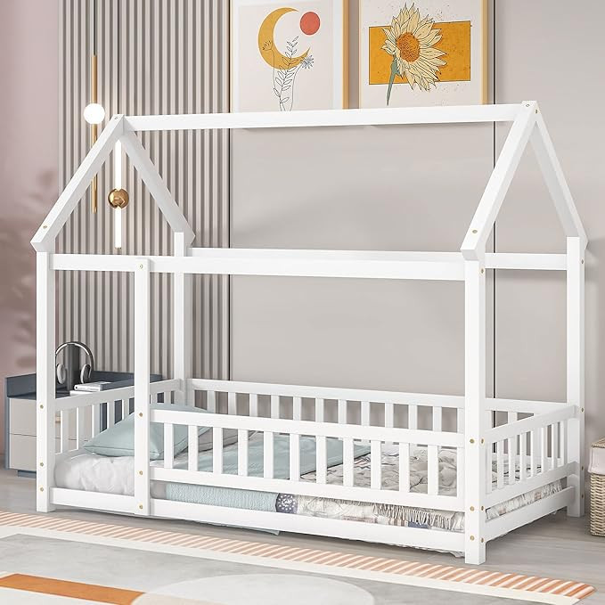 LLS Twin Floor Bed Frame with Fence, Wooden Montessori Bed, House Bed for Boys Girls Bedroom, Whi... | Amazon (US)