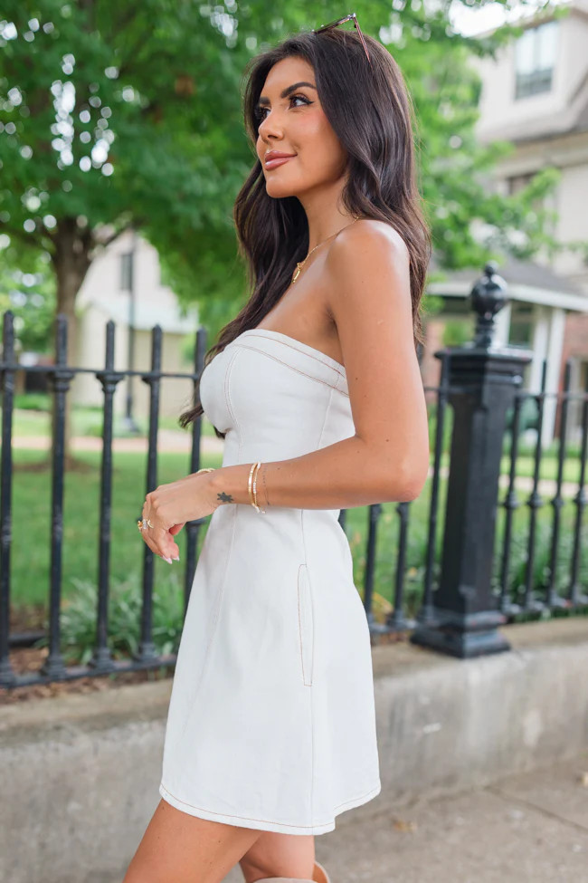 Win Me Over White Strapless Denim Dress | Pink Lily
