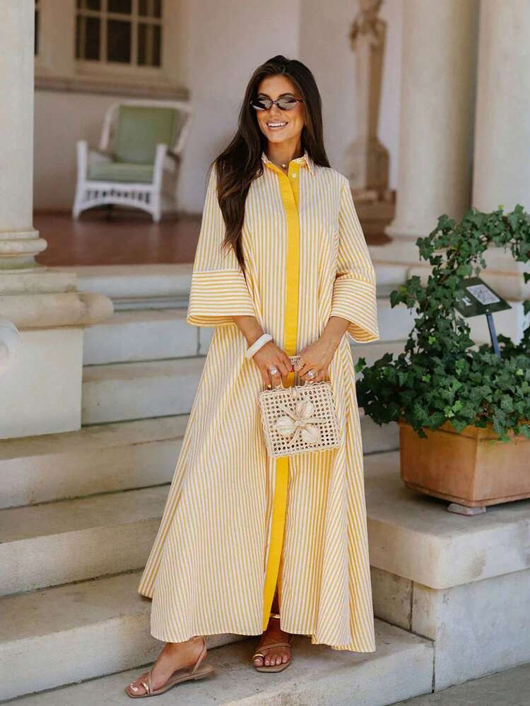 Spring/Summer New Fashion Women's Colorful Striped Shirt Dress, Casual Versatile Style Suitable For Daily Outing And Vacation, Contrast Color Front Button Detail, A-Line Flared Skirt, Yellow Long Dress Elegant | SHEIN