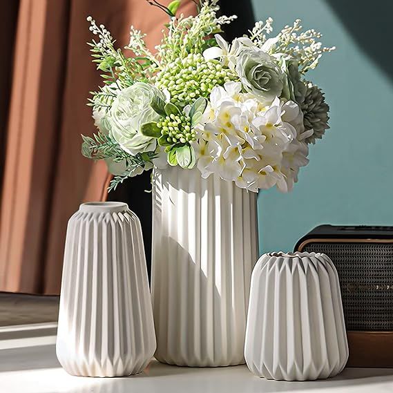 White Ceramic Vase -Set of 3 Boho for Modern Home Decor,Nordic Minimalism Decor Office Entryway L... | Amazon (US)