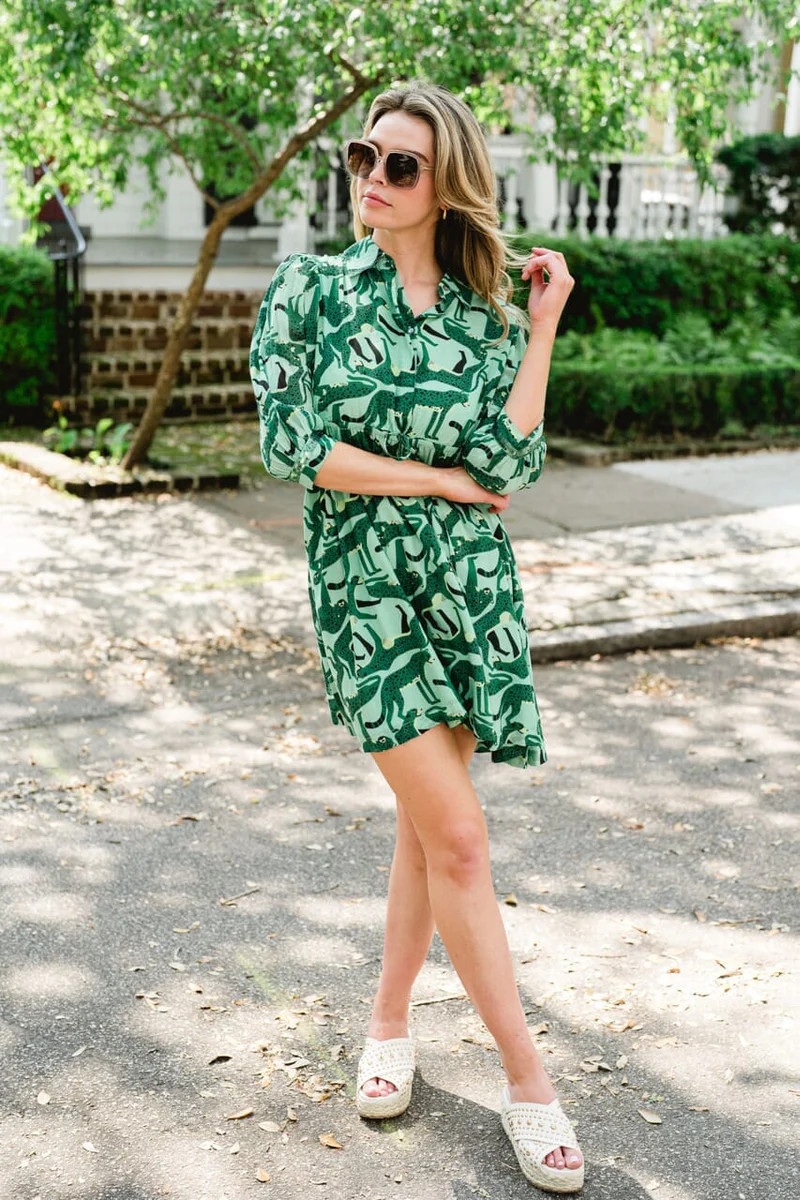 Women's Eva Printed Dress- Emerald Cheetah | Briton Court | Briton Court