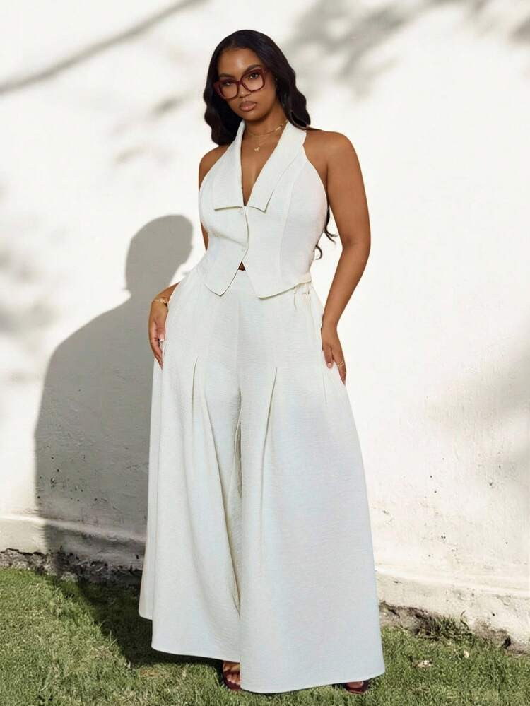 Veslaya 2026 Spring & Summer Plus Size Women's New Music Festival, Easter, Western, Nomadic, Birthday Party, Graduation, College, Student, Daily Casual, Basic, Leisure, Vacation, Cruise, Beach, Sunbathing, Viral, Streetwear, Wedding Guest, Commute, Brunch, Airport, Party, Holiday Outings, Elegant Banquet, Ball, Casual, High-End Elegant Sleeveless Collared Crop Top And Wide Leg Pants 2-Piece Set, Summer Outfits | SHEIN