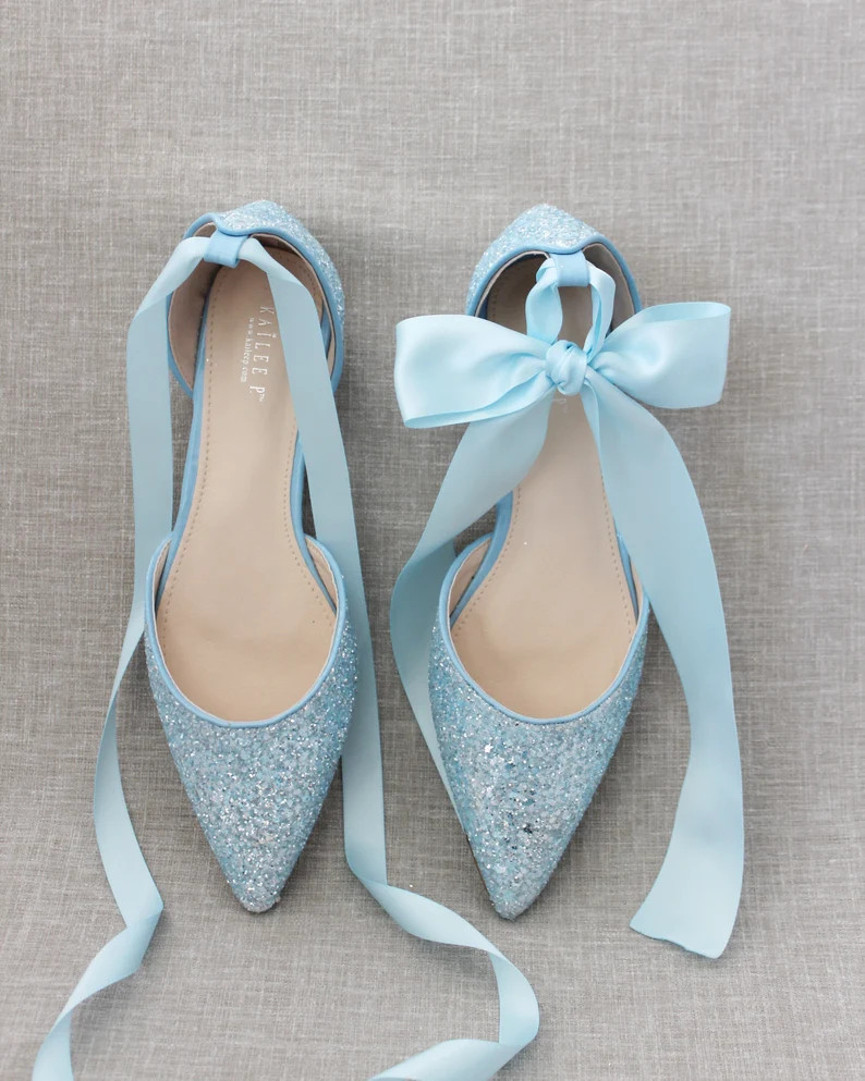 Light Blue Rock Glitter Pointy Toe flats with Satin ANKLE TIE Or BALLERINA Lace Up, Wedding Shoes... | Etsy (US)