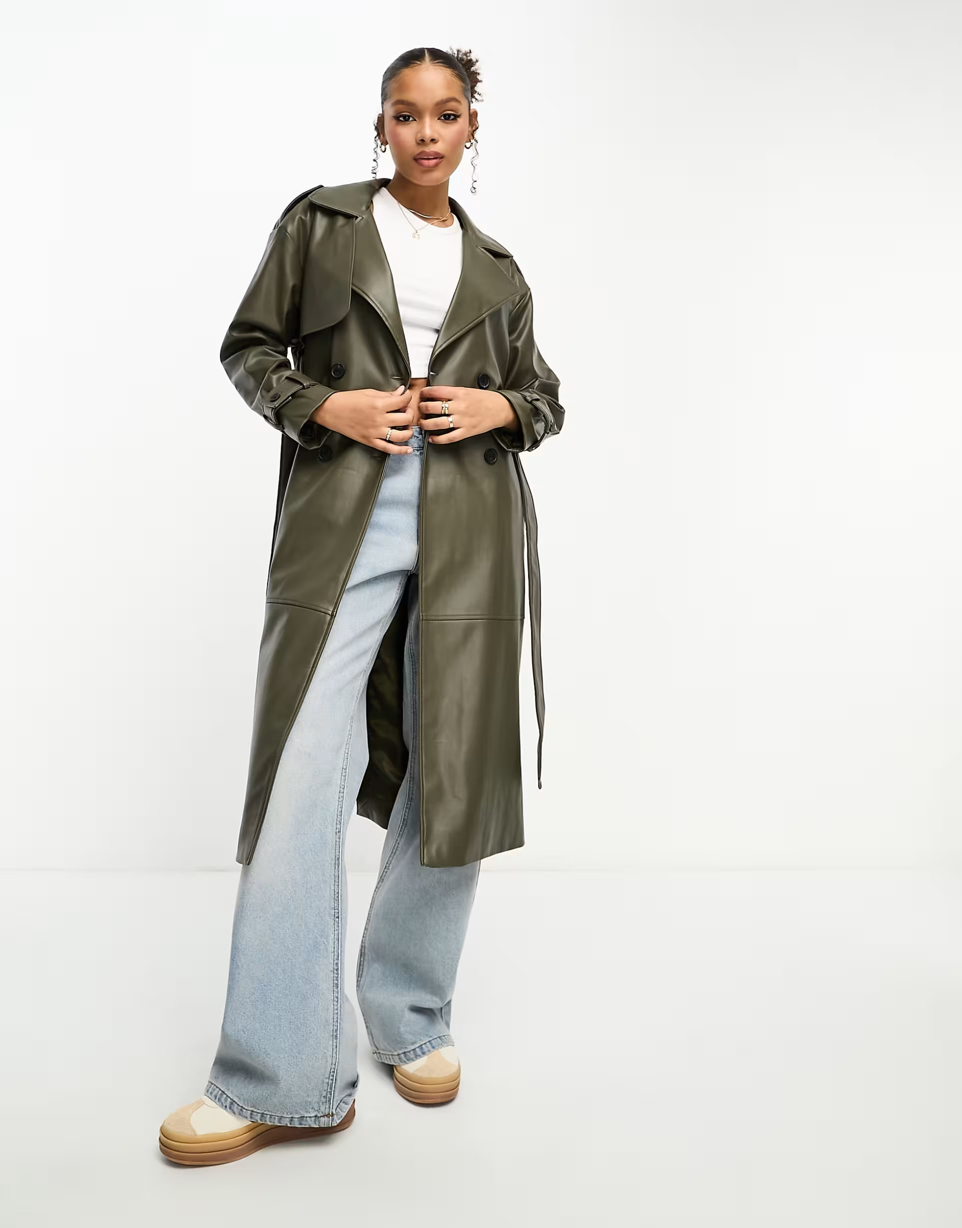 Pull&Bear belted faux leather trench coat in khaki | ASOS | ASOS (Global)