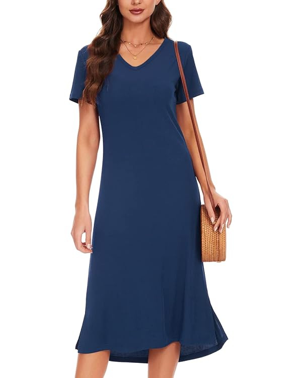 VOBCTY Women's Casual Short Sleeve Tshirt Dress Summer Side Split Loose V Neck Dresses | Amazon (US)
