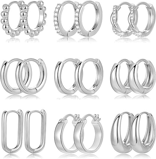 9 Pairs Small Gold/Silver Hoop Huggie Earrings Set for Women, 14K Gold Plated Chunky Hoop Small E... | Amazon (US)