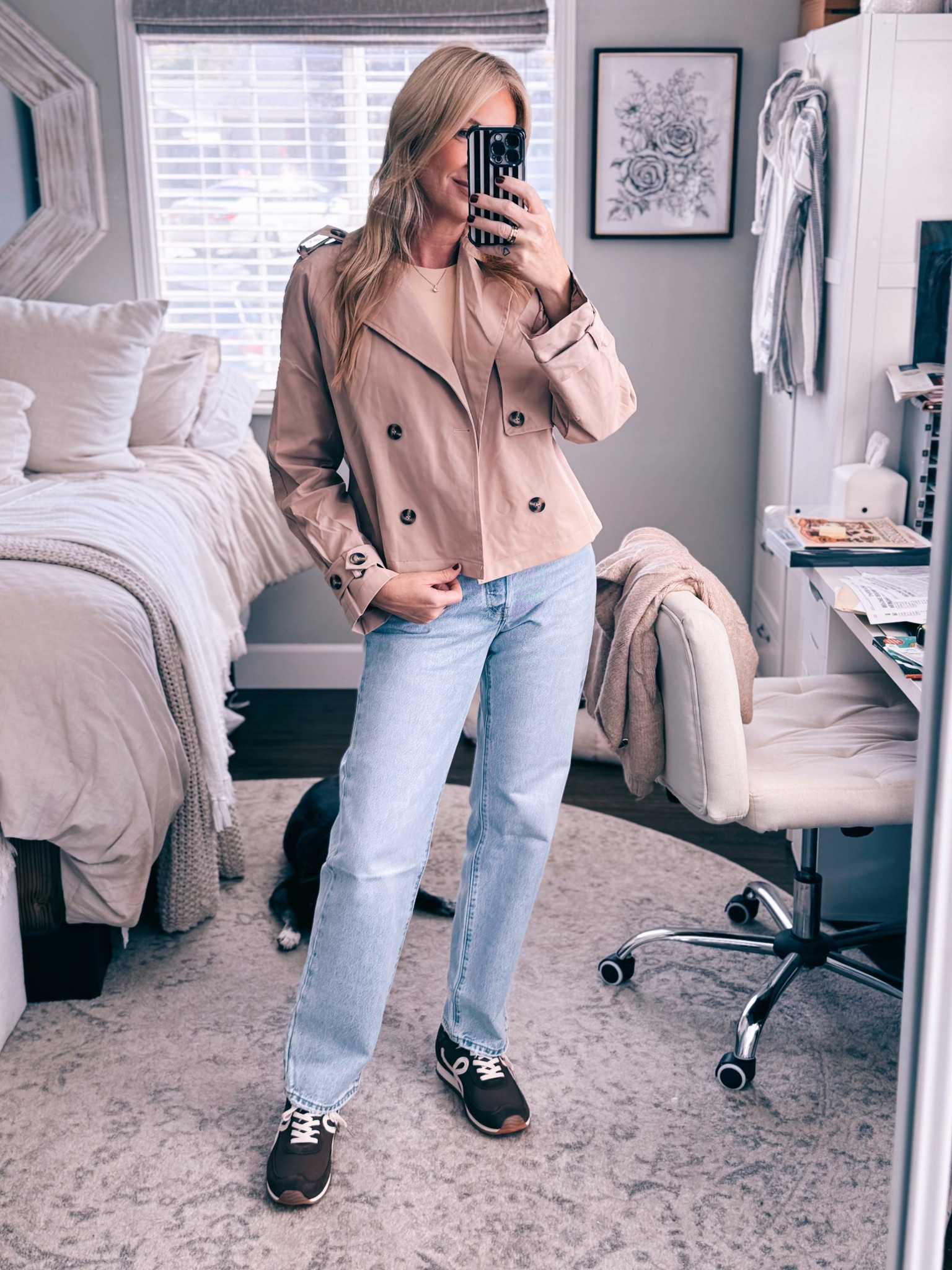 Cropped trench coat | trenchcoat jacket | fall outfit | 90s Levi jeans | casual fall outfit | fall sneakers | brown sneakers 

#LTKFindsUnder50 #LTKOver40 #LTKShoeCrush
