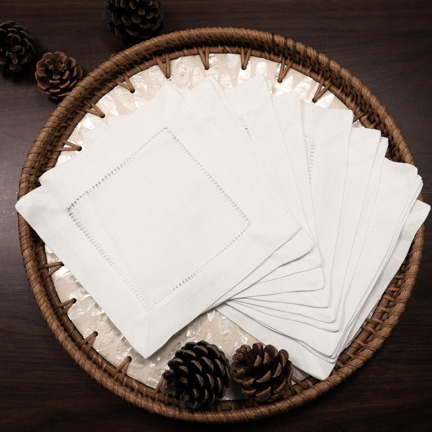 100% Linen Cocktail Napkins White 6“x6 Ladder Hemstitch - A Dozen Cloth Napkin Coasters for Hol... | Amazon (US)