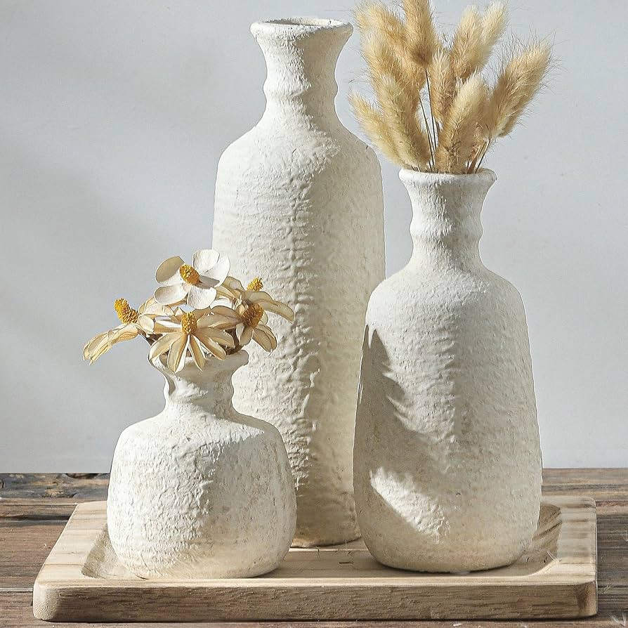 Ceramic Vase Set of 3, Neutral Rustic Vases Home Decor Farmhouse Decorative Vase Whitewashed Pott... | Amazon (US)
