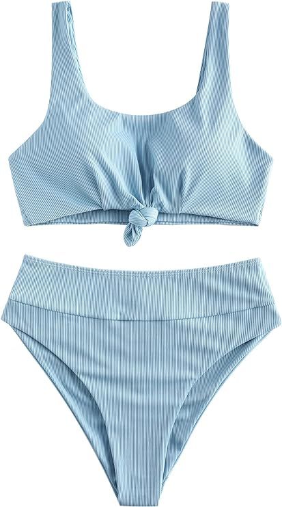 ZAFUL Women's Scoop Neck High Waisted Bikini Tummy Control Sporty Tank Two Piece Bathing Suits Se... | Amazon (US)