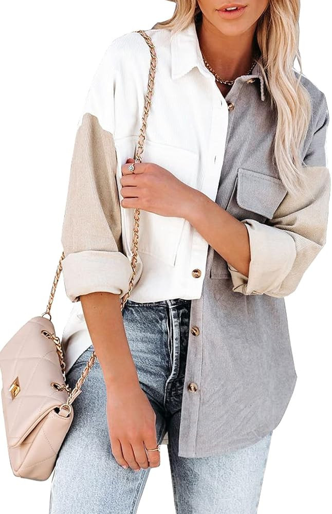 Sidefeel Women Corduroy Long Sleeve Button Down Shirt Oversized Jacket Tops | Amazon (US)