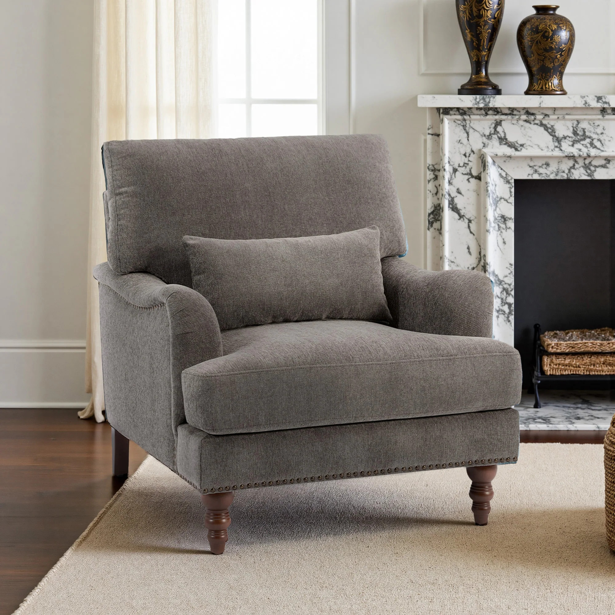 Oversized Accent Chair Chenille Upholstered Armchair With Rivets - Tan-Chenille | Overstock