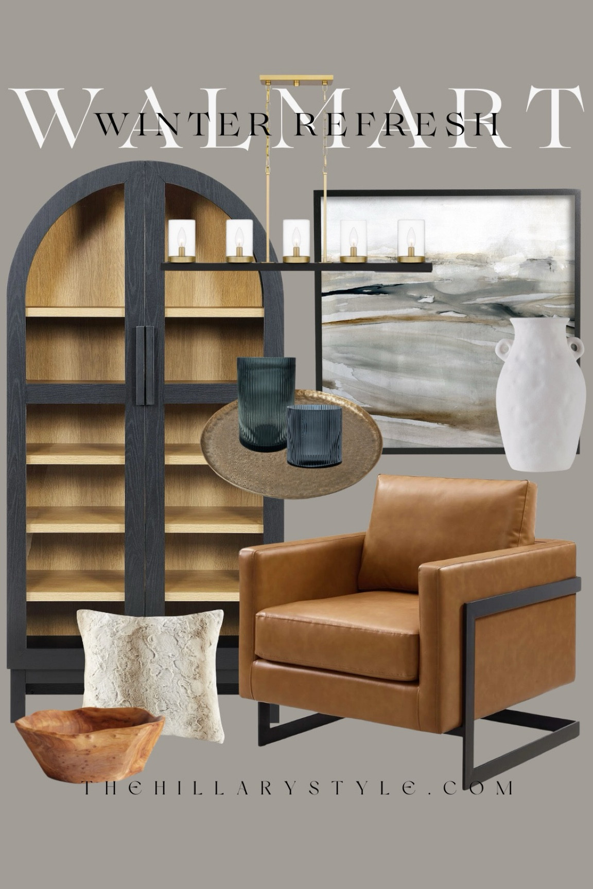Walmart Winter Refresh: winter home refresh with furniture and decor from Walmart. Wood arch cabinet, leather accent chair, framed neutral art, black and gold chandelier, faux fur pillow, ceramic vase, brass tray, smoke ribbed candle holder, wood bowl.

#LTKHome #LTKStyleTip #LTKSeasonal