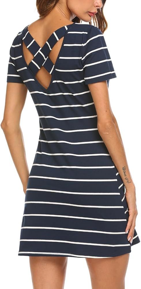 Feager Women's Casual Striped Criss Cross Short Sleeve T Shirt Dress | Amazon (US)