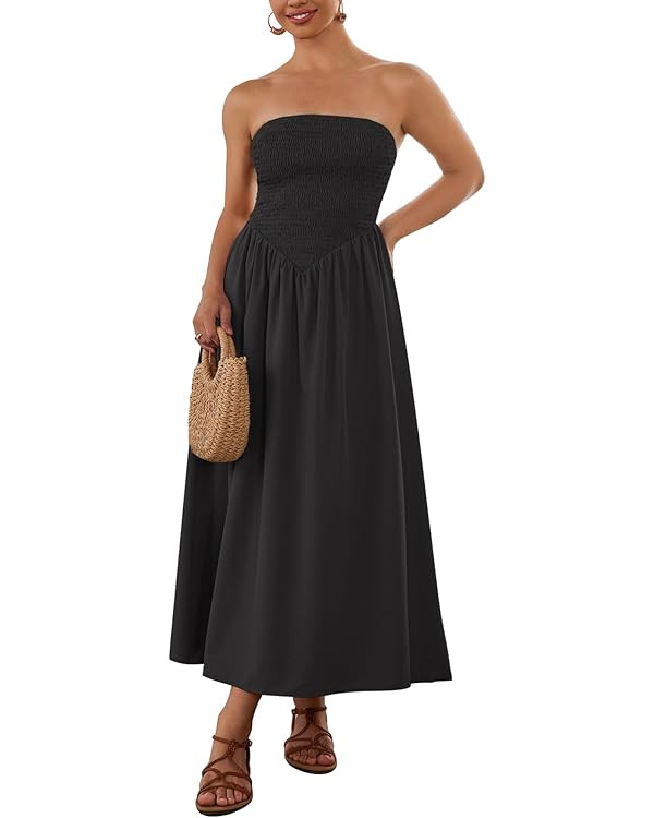 Women Summer Midi Sundress Casual Strapless Smocked Tube Ruffle Flowy A Line Beach Party Dresses | Amazon (US)