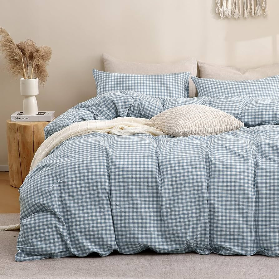TOCOMOA Blue Gingham Duvet Cover Bedding Set 100% Washed Cotton Like Linen Feel Super Soft Comfor... | Amazon (US)